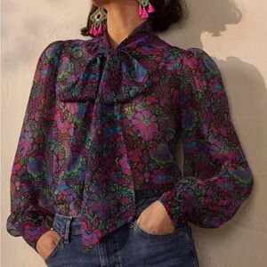 Boden Floral Silk Blouse with Bow Tie